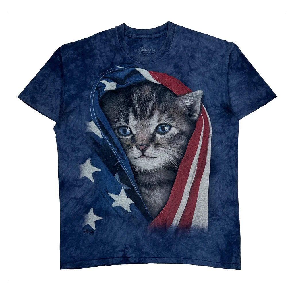 Patriotic Cat The Mountain Graphic T-Shirt - Large Blue Cotton