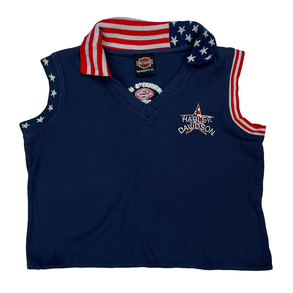 Patriotic Design Harley Davidson Graphic Vest - Small Blue Cotton