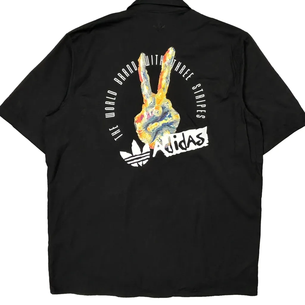 Peace Sign Graphic Adidas Graphic Short Sleeve Shirt - Large Black Cotton - Image 7
