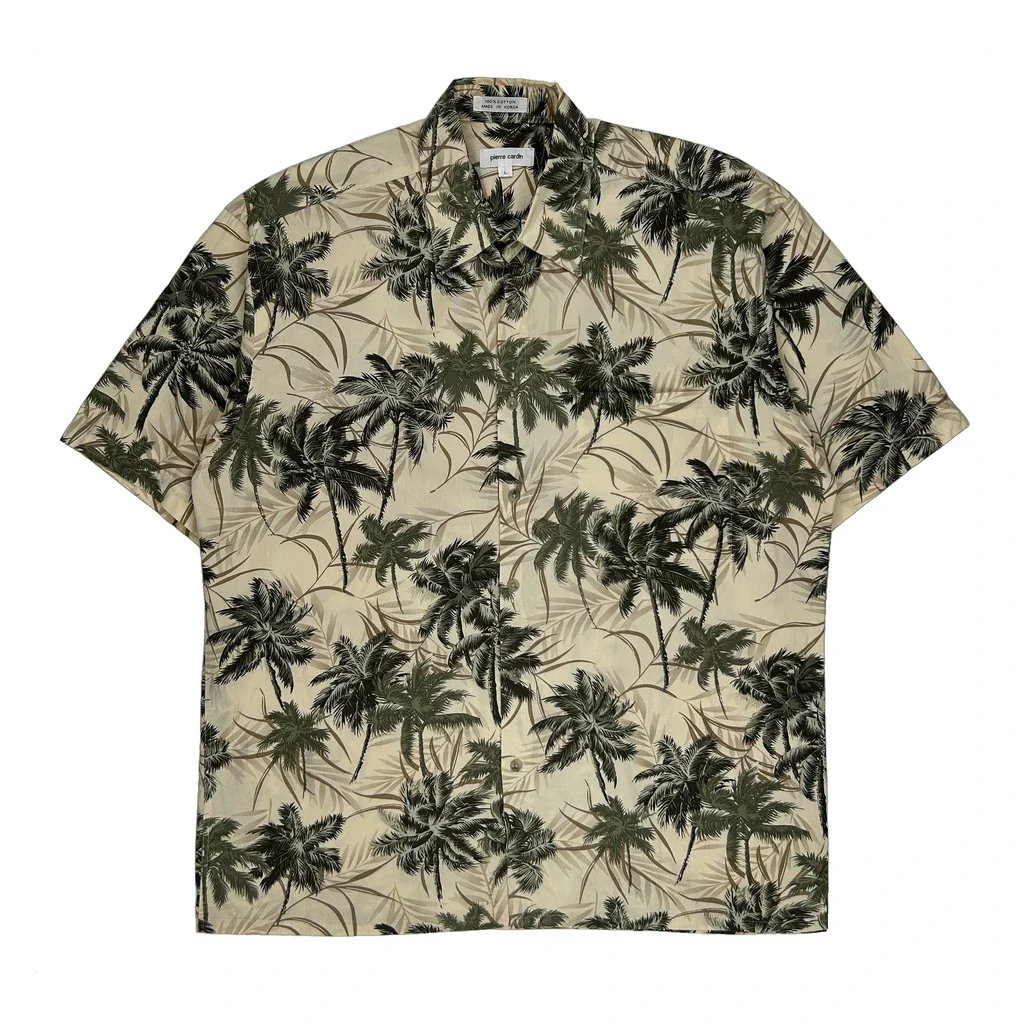 Pierre Cardin Floral Hawaiian Shirt - Large Beige Cotton