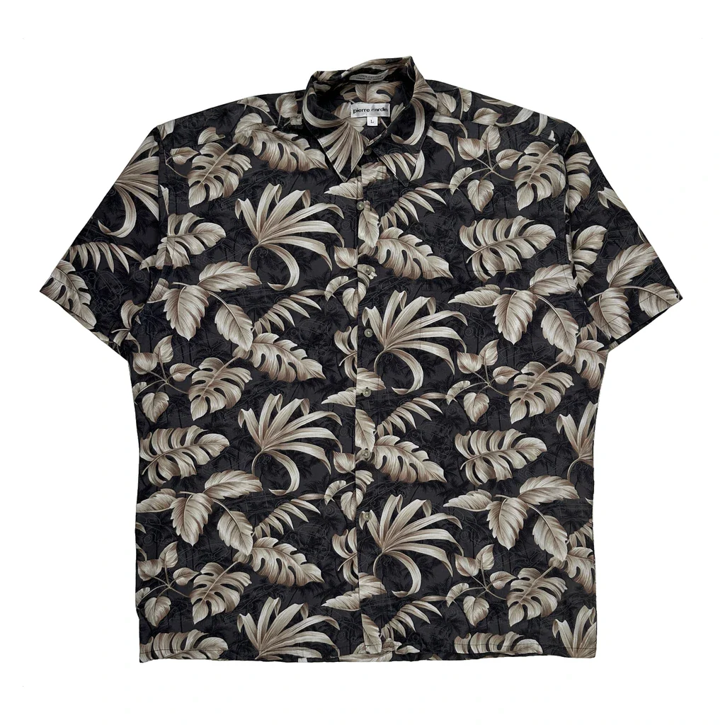 Pierre Cardin Floral Hawaiian Shirt - Large Black Cotton