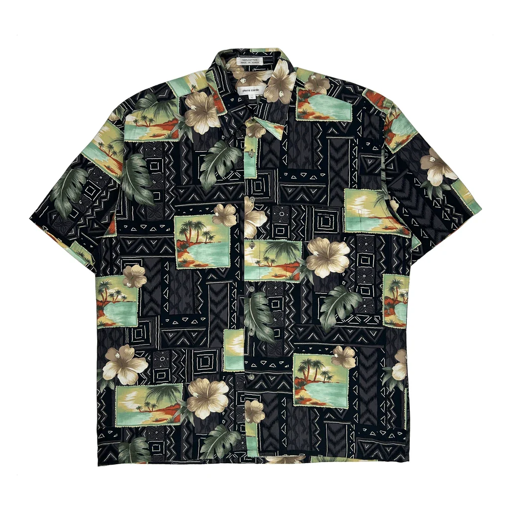 Pierre Cardin Floral Hawaiian Shirt - Large Black Cotton