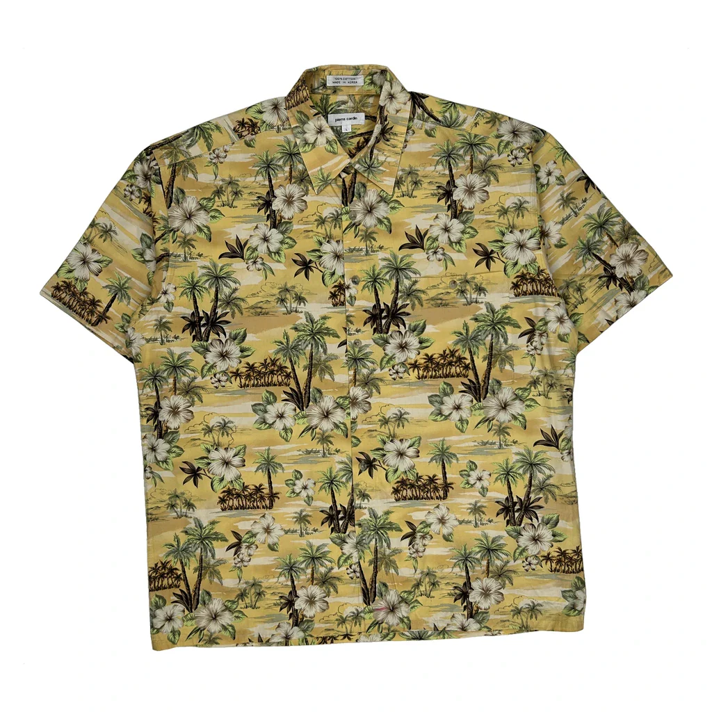Pierre Cardin Floral Hawaiian Shirt - Large Yellow Cotton
