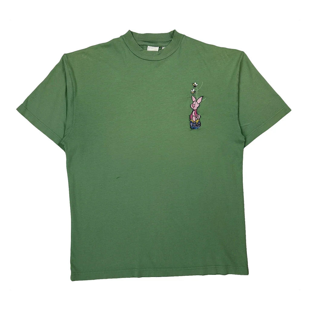 Piglet Embroidery Disney Cartoon T-Shirt - Large Green Cotton