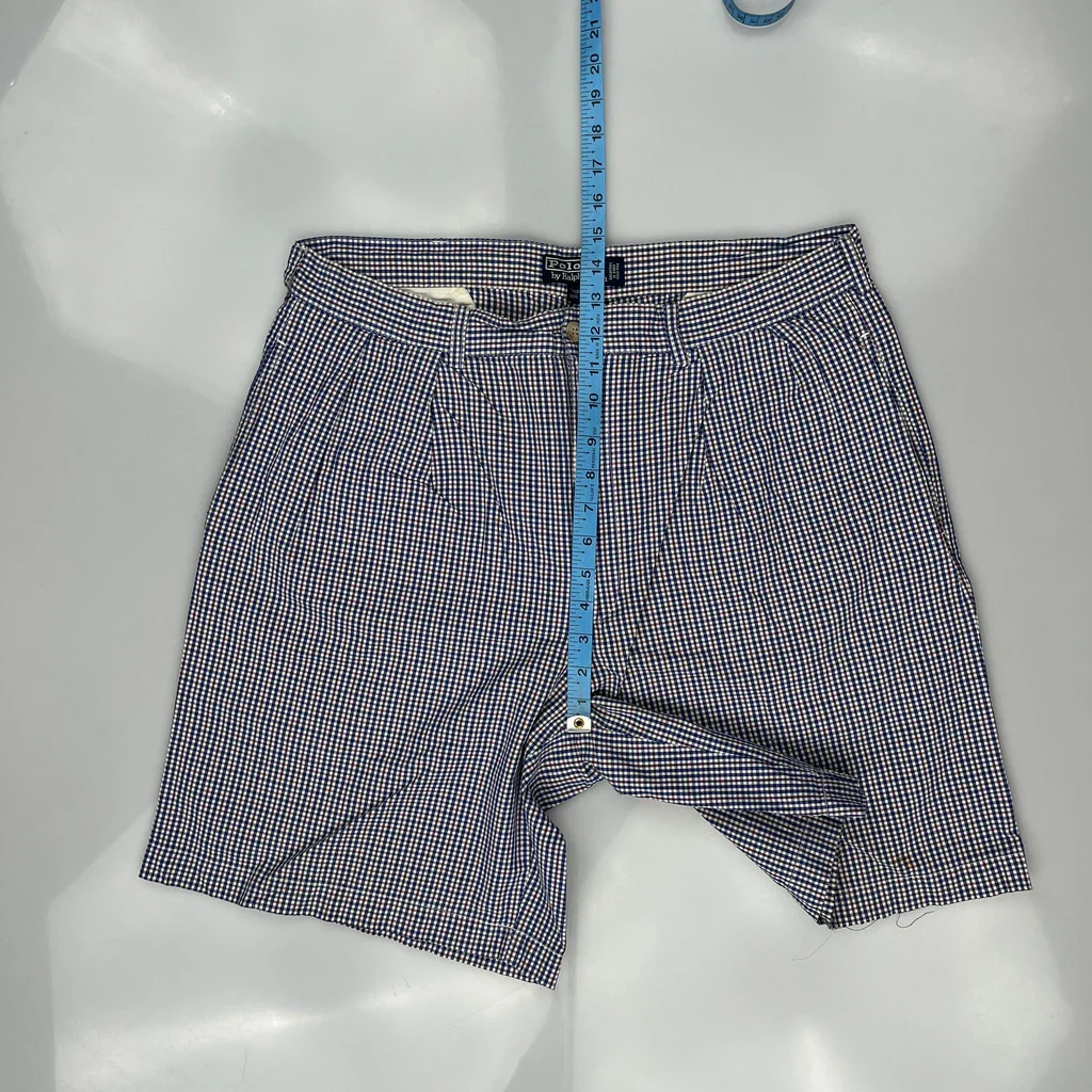 Pleated Polo By Ralph Lauren Checked Chino Shorts - 34W 8L Blue Cotton - Image 4