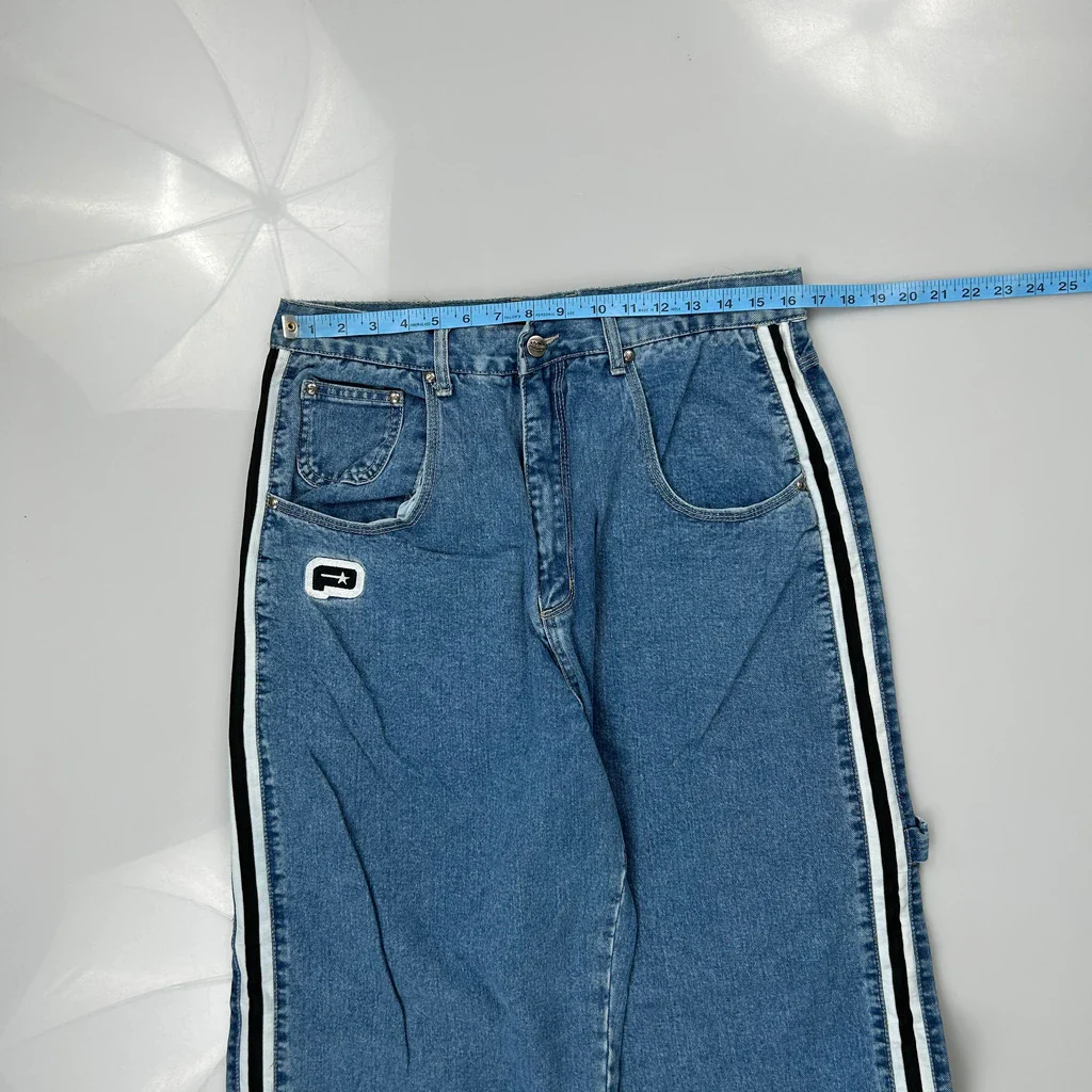 Plugg Baggy Graphic Striped Carpenter Jeans - 33W 30L Blue Denim - Image 3