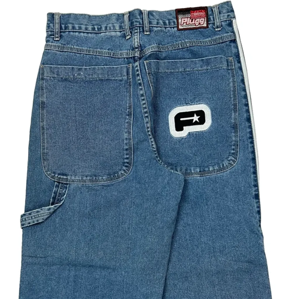 Plugg Baggy Graphic Striped Carpenter Jeans - 33W 30L Blue Denim - Image 8