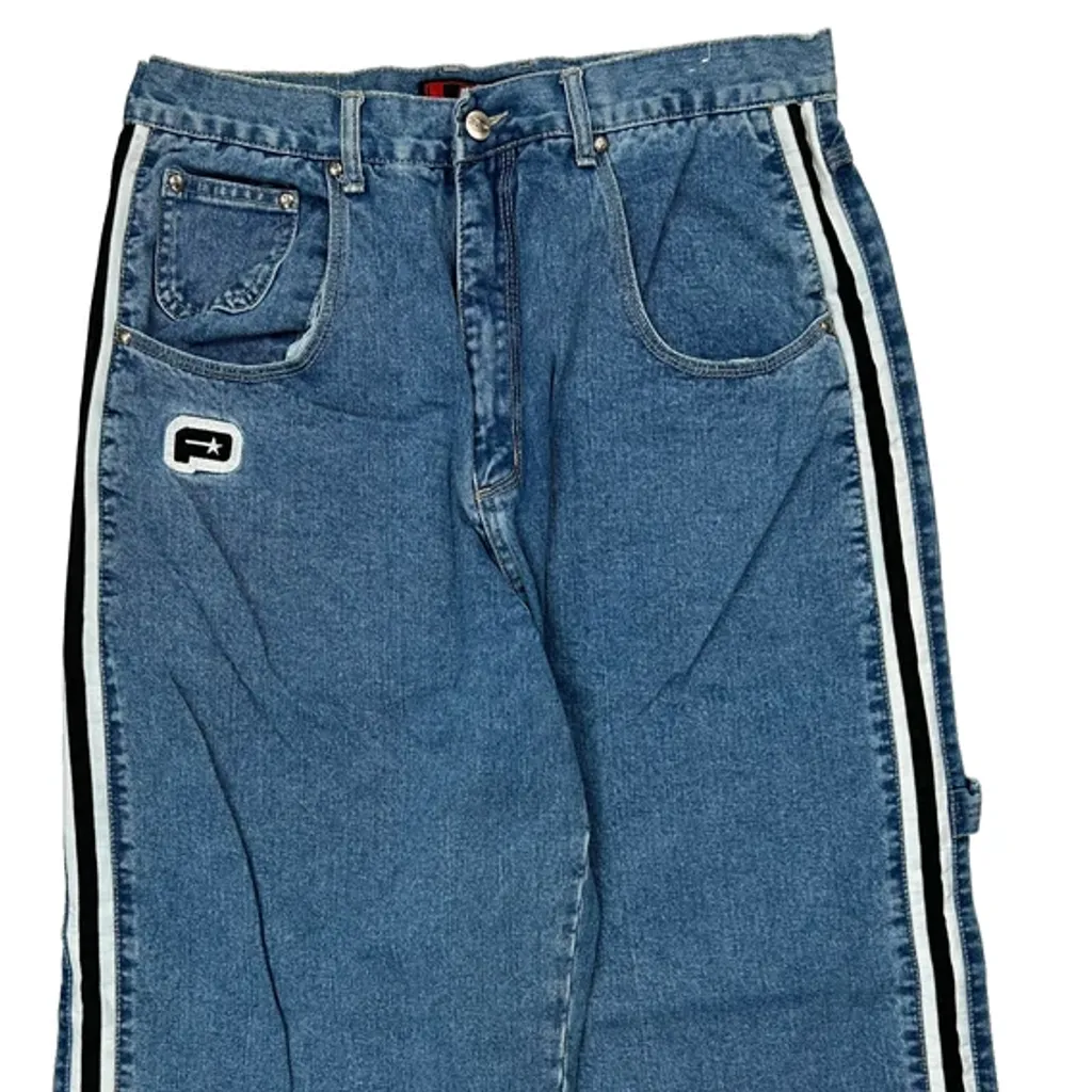 Plugg Baggy Graphic Striped Carpenter Jeans - 33W 30L Blue Denim - Image 9