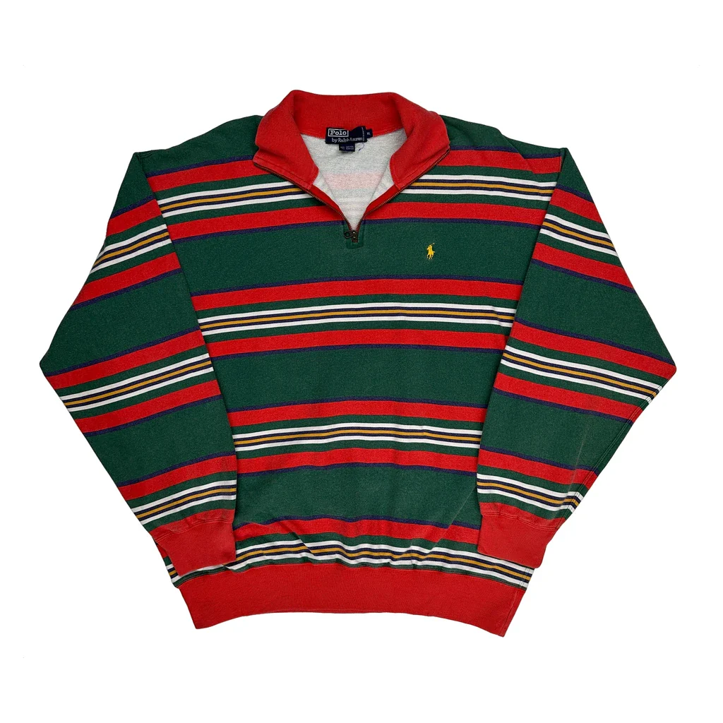 Polo By Ralph Lauren Striped 1/4 Zip - 2XL Green Cotton