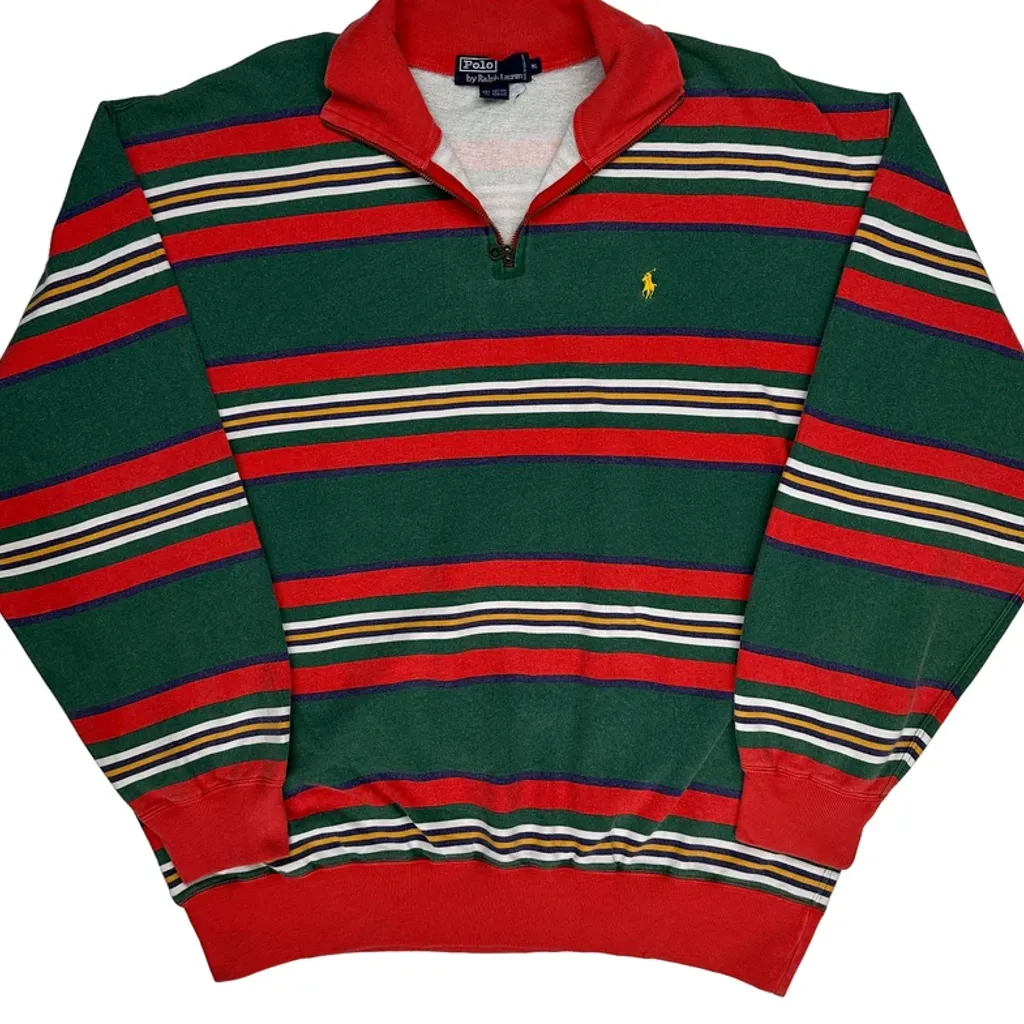 Polo By Ralph Lauren Striped 1/4 Zip - 2XL Green Cotton - Image 4