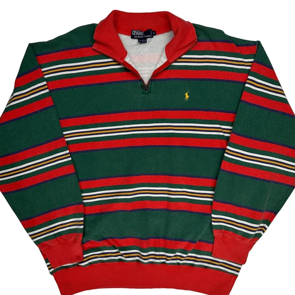 Polo By Ralph Lauren Striped 1/4 Zip - 2XL Green Cotton - Image 5