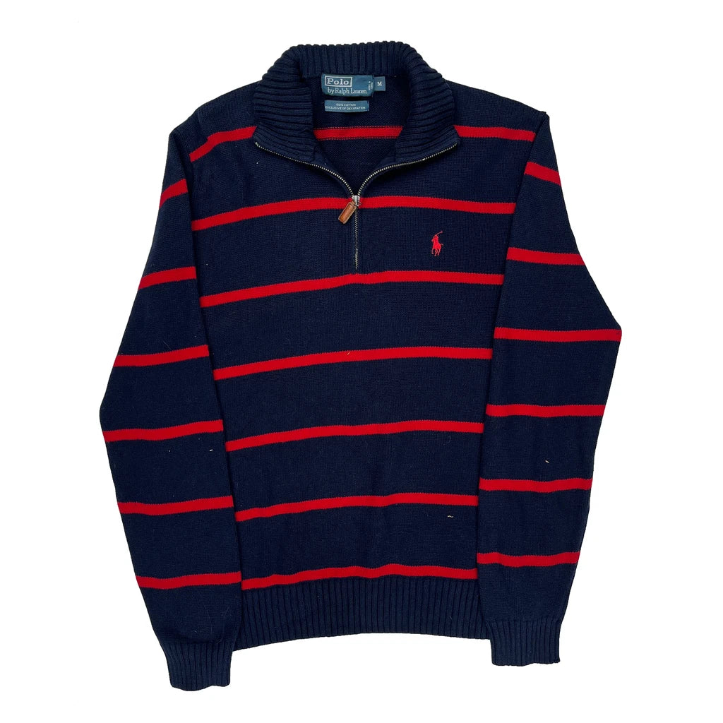 Polo By Ralph Lauren Striped 1/4 Zip - Medium Navy Cotton