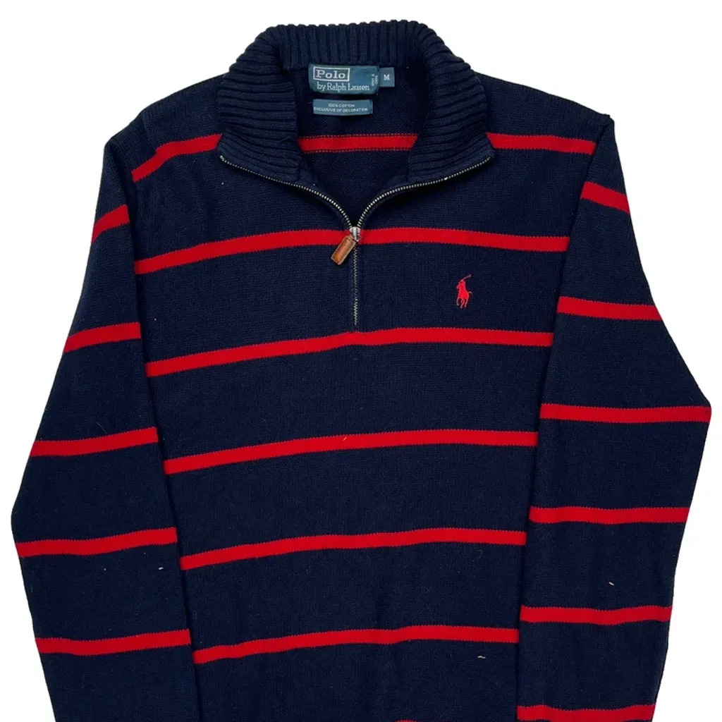 Polo By Ralph Lauren Striped 1/4 Zip - Medium Navy Cotton - Image 4
