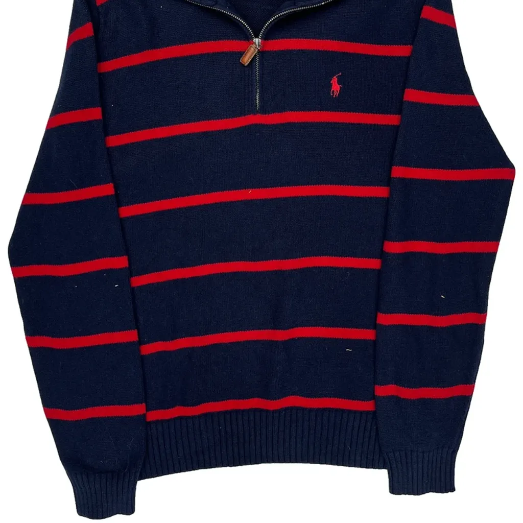 Polo By Ralph Lauren Striped 1/4 Zip - Medium Navy Cotton - Image 5