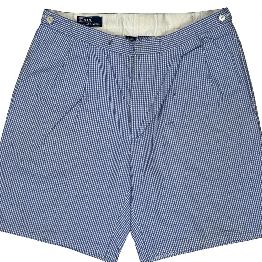Polo By Ralph Lauren Checked Pleated Chino Shorts - 34W 6L Blue Cotton - Image 12