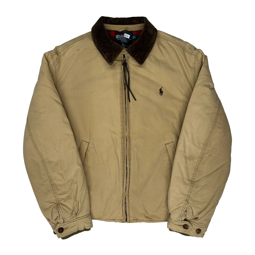 Polo By Ralph Lauren Padded Flannel Lined Harrington Jacket - Large Beige Cotton