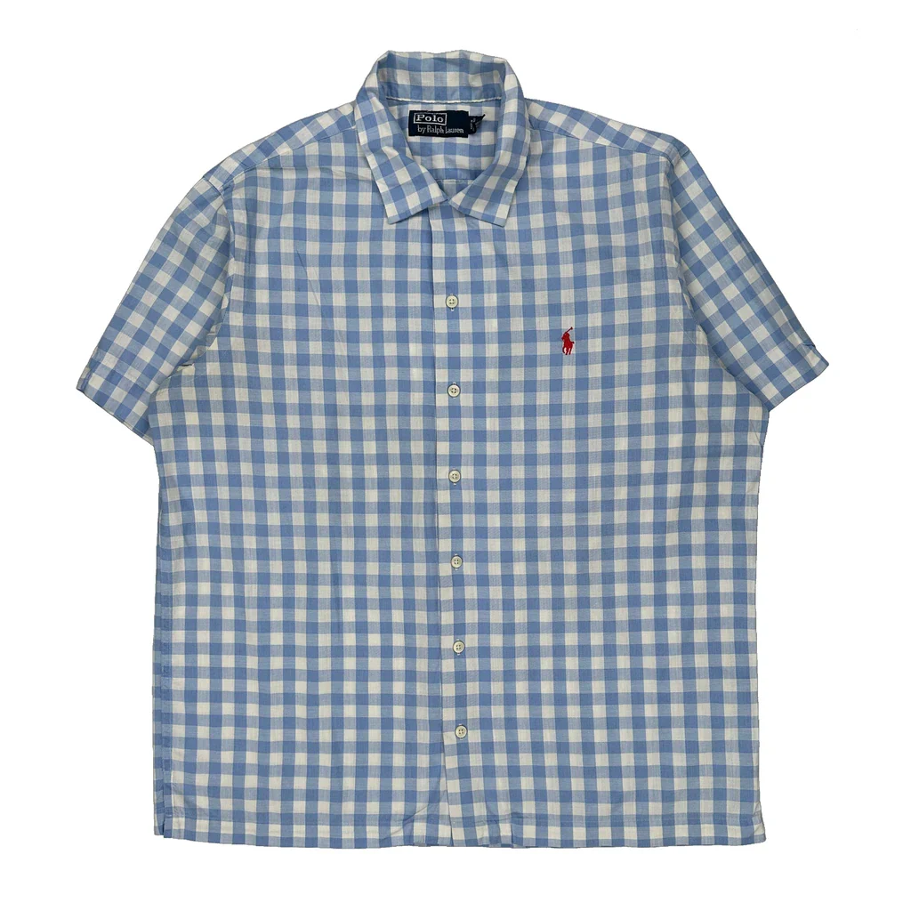 Polo By Ralph Lauren Checked Short Sleeve Shirt - Large Blue Cotton