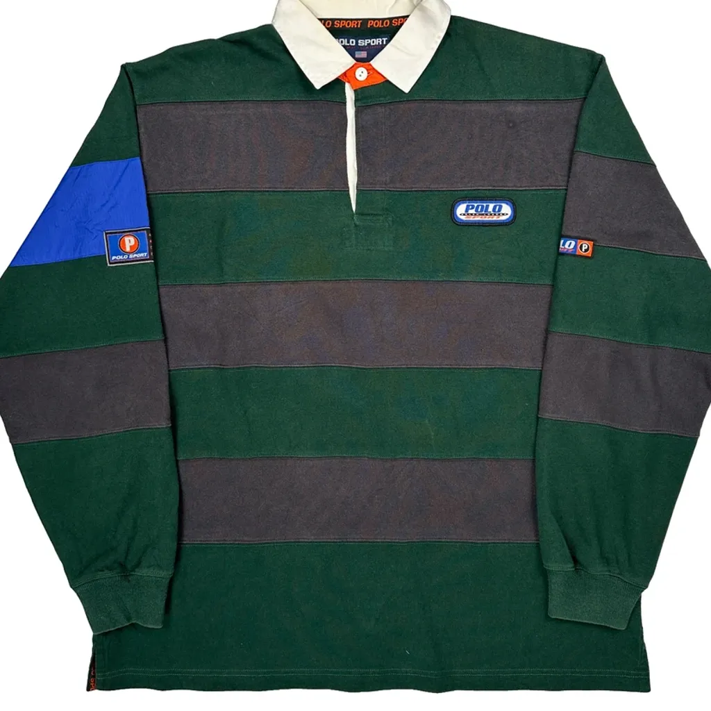 Polo Sport Ralph Lauren Striped Rugby Shirt - Large Green Cotton - Image 4