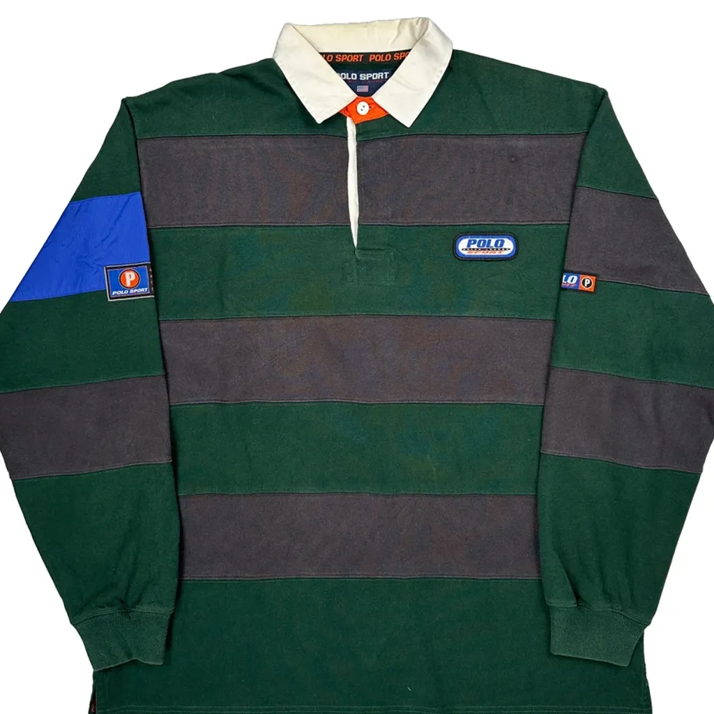 Polo Sport Ralph Lauren Striped Rugby Shirt - Large Green Cotton - Image 5