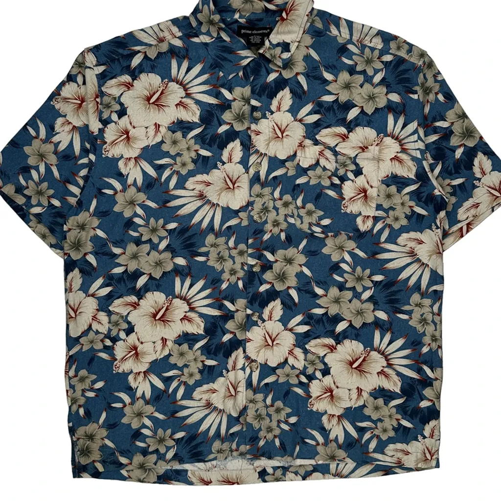Prime Elements Floral Hawaiian Shirt - Large Blue Silk - Image 4