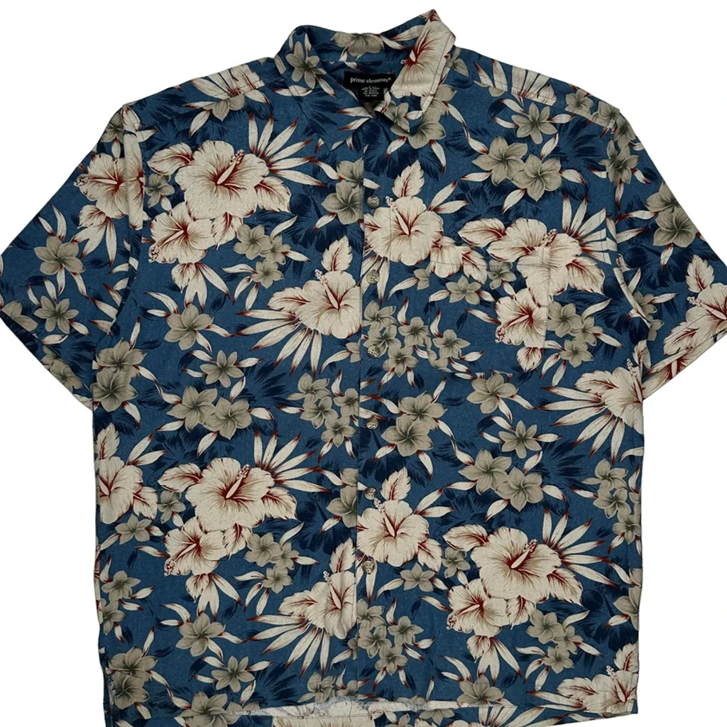 Prime Elements Floral Hawaiian Shirt - Large Blue Silk - Image 5