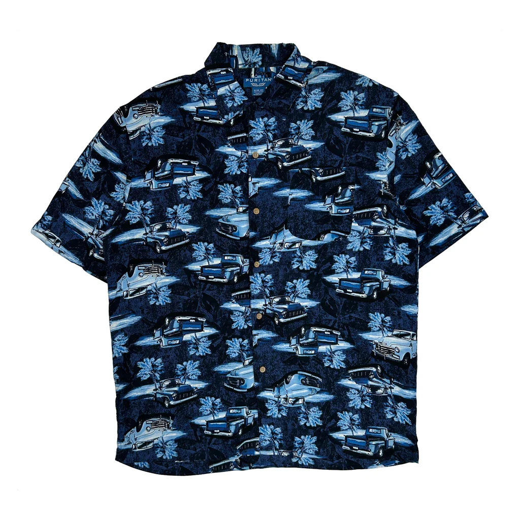 Puritan Graphic Hawaiian Shirt - Medium Blue Viscose