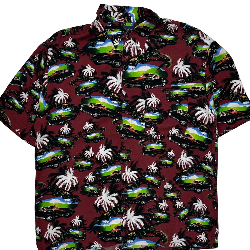 Puritan Graphic Hawaiian Shirt - Large Burgundy Viscose - Image 5