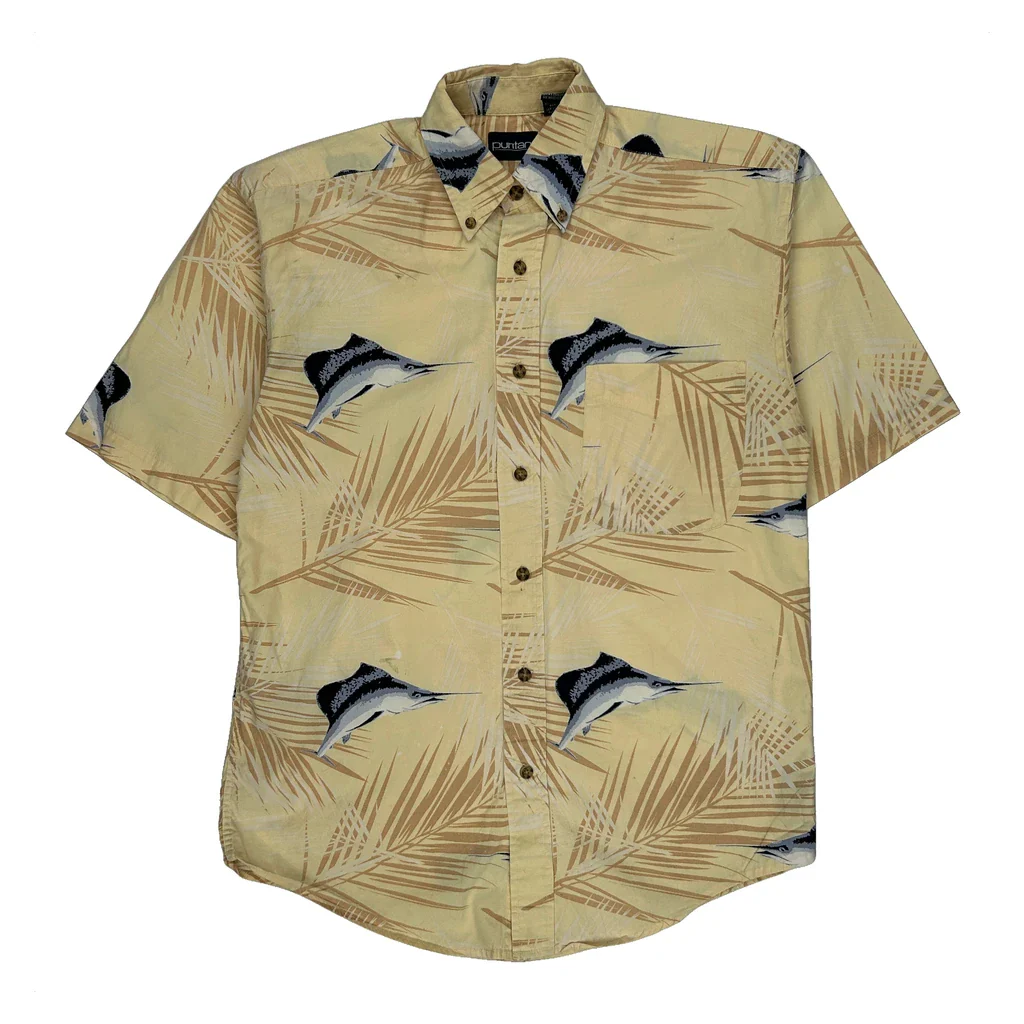 Puritan Graphic Hawaiian Shirt - Small Yellow Cotton