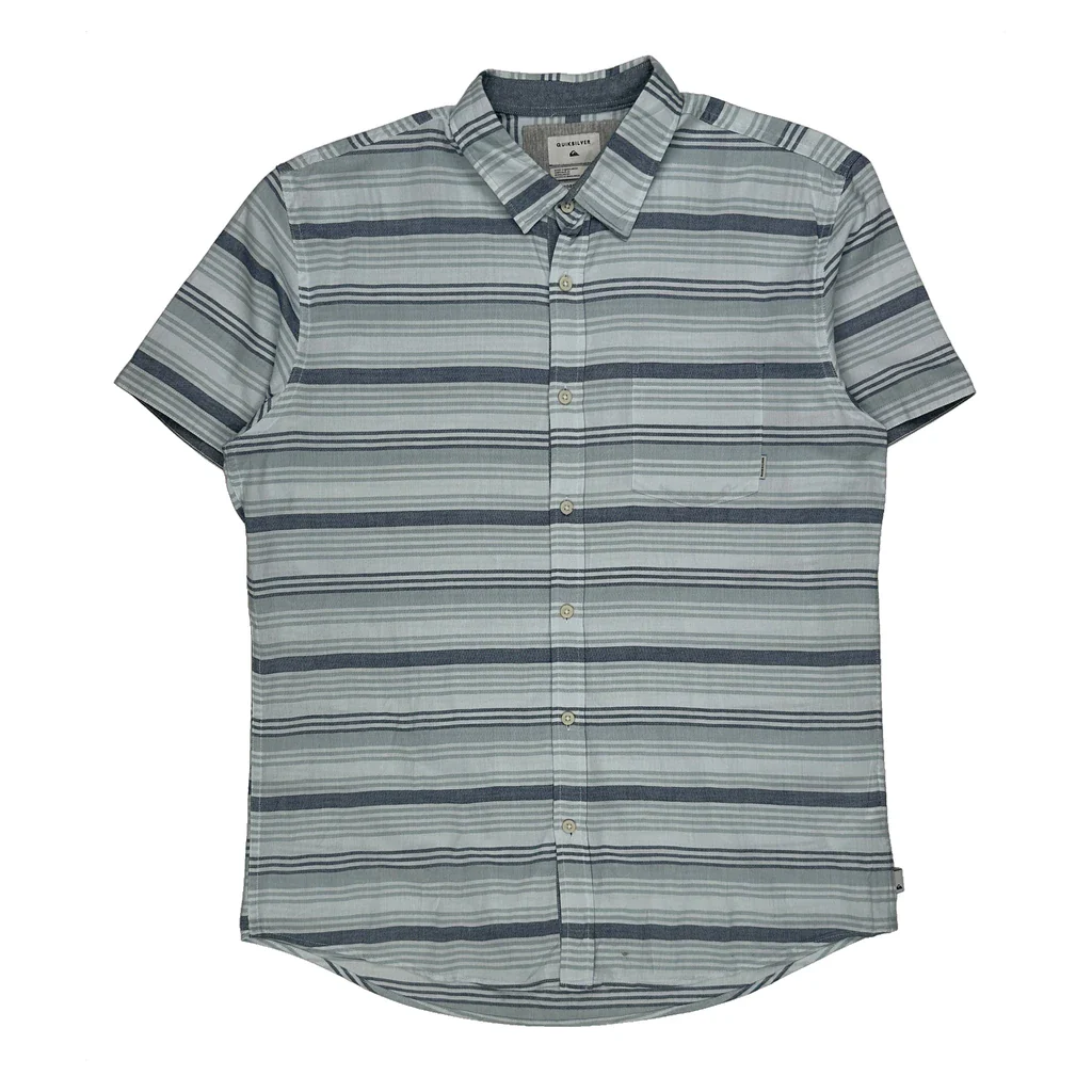 Quiksilver Striped Short Sleeve Shirt - Large Blue Cotton