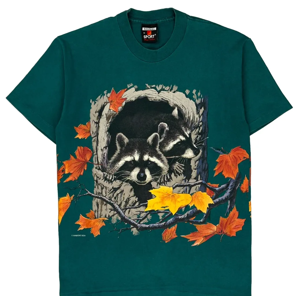 Raccoon Print Signal Sports Single Stitch T-Shirt - Medium Green Cotton - Image 5