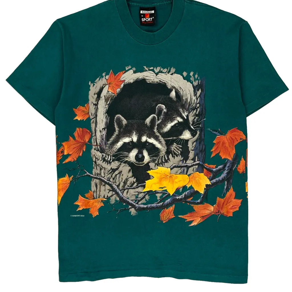 Raccoon Print Signal Sports Single Stitch T-Shirt - Medium Green Cotton - Image 6