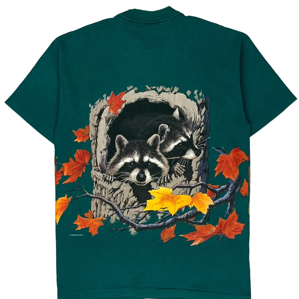 Raccoon Print Signal Sports Single Stitch T-Shirt - Medium Green Cotton - Image 7