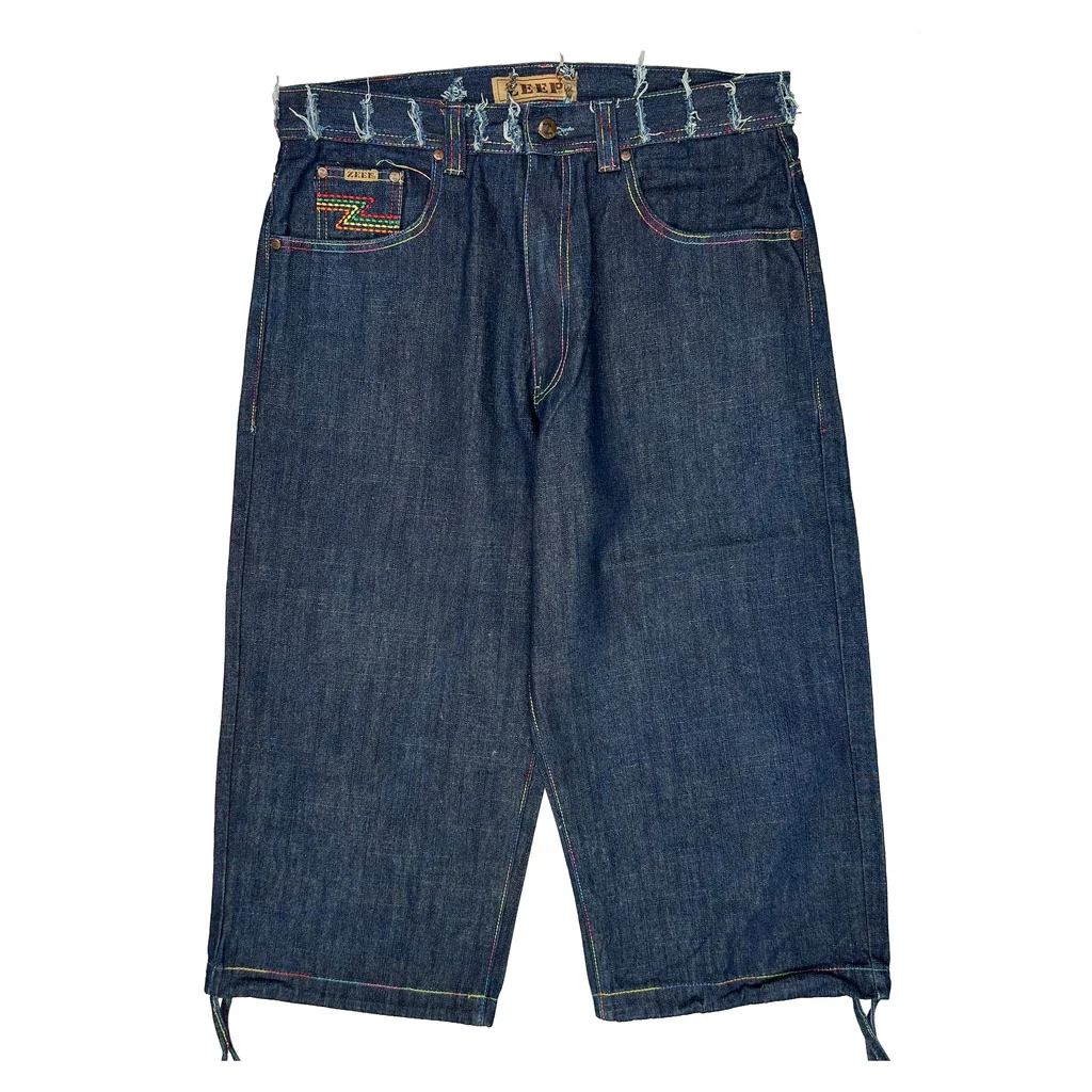 Rainbow Stitching Zeep Baggy Capri Jeans - 36W 21L Blue Denim - Image 2
