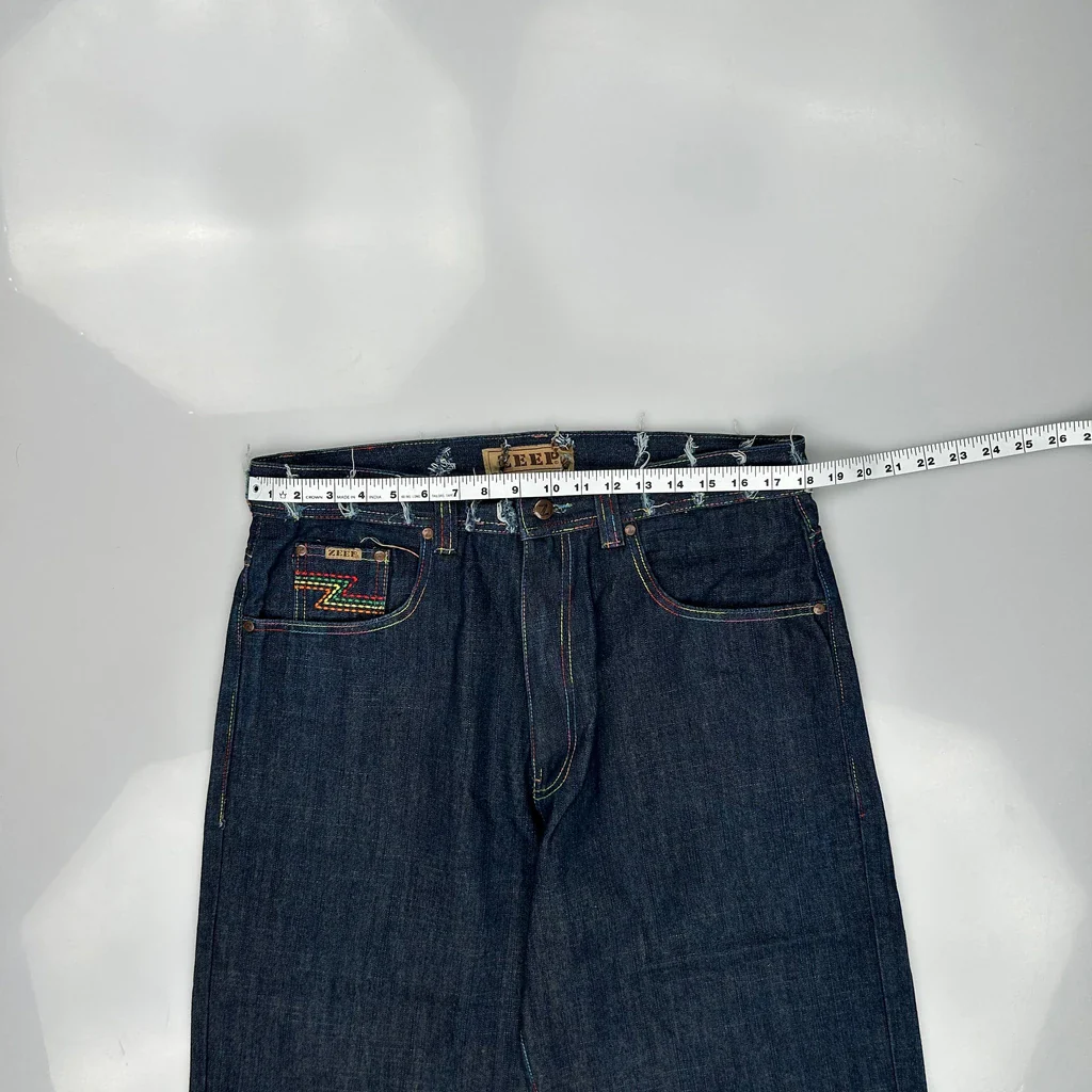 Rainbow Stitching Zeep Baggy Capri Jeans - 36W 21L Blue Denim - Image 3