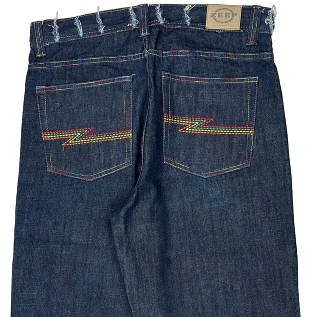Rainbow Stitching Zeep Baggy Capri Jeans - 36W 21L Blue Denim - Image 8