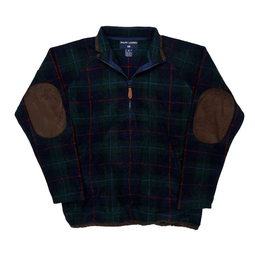 Ralph Lauren Polo Sport Checked Fleece 1/4 Zip - Small Green Polyester