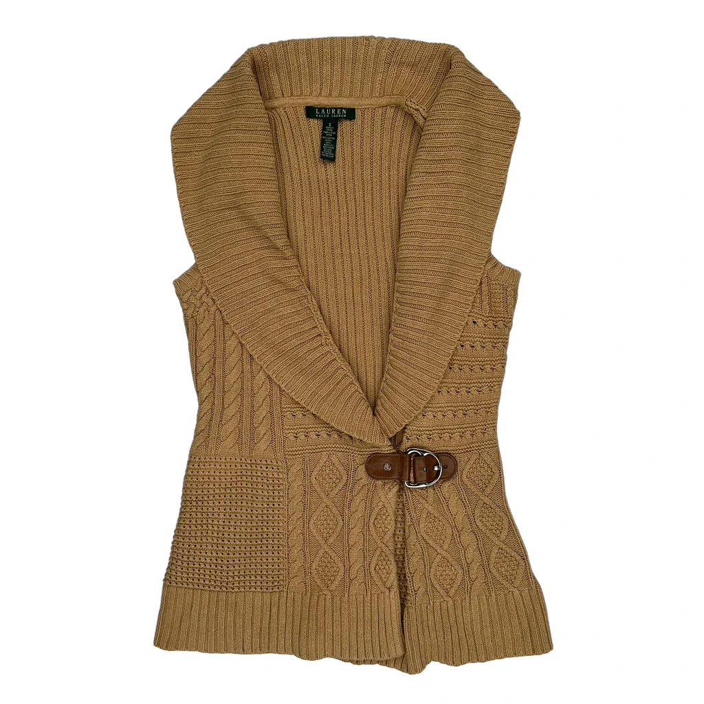 Ralph Lauren Chunk Cable Knit Shawl Sweater Vest - Small Beige Cotton