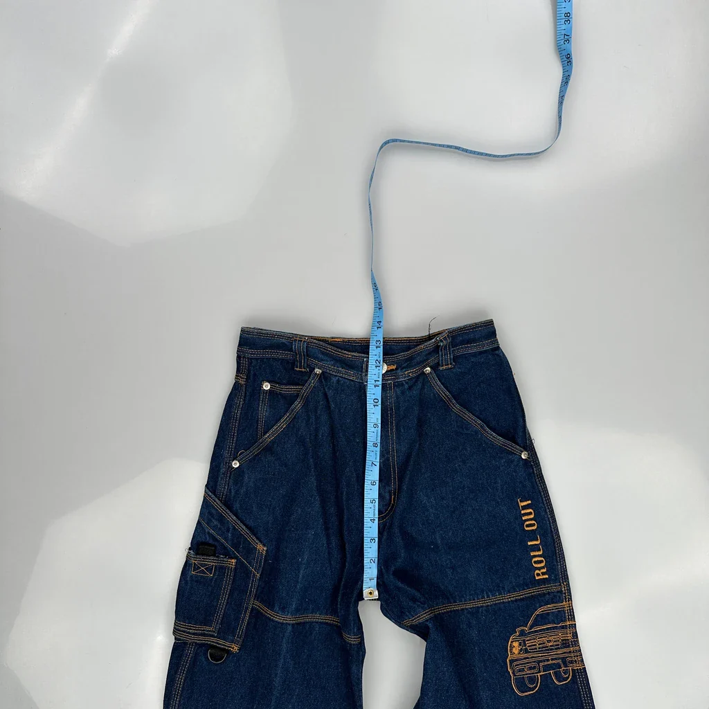 Ramie Blend Unbranded Embroidered Baggy Carpenter Jeans - 27W 31L Blue Denim - Image 4
