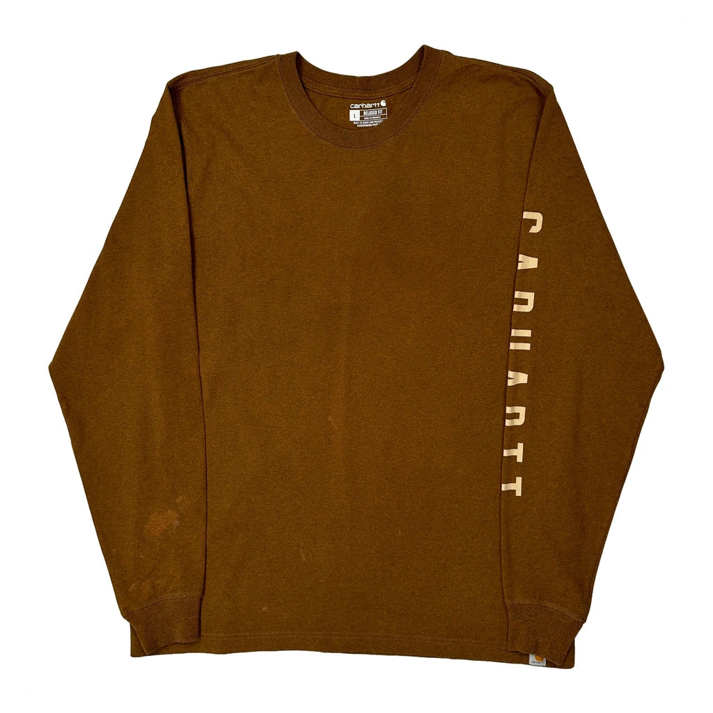 Relaxed Fit Carhartt Spellout Long Sleeve T-Shirt - Large Brown Cotton