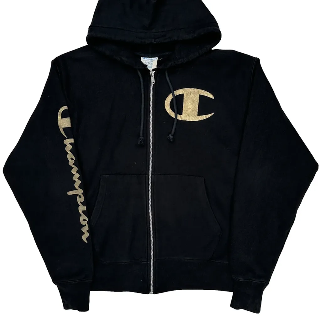 Reverse Weave Champion Spellout Hoodie - Medium Black Cotton Blend - Image 4