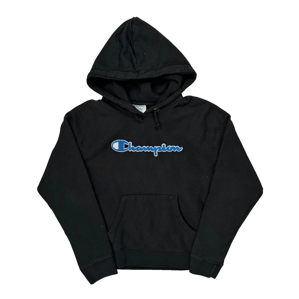Reverse Weave Champion Spellout Hoodie - Medium Black Cotton Blend