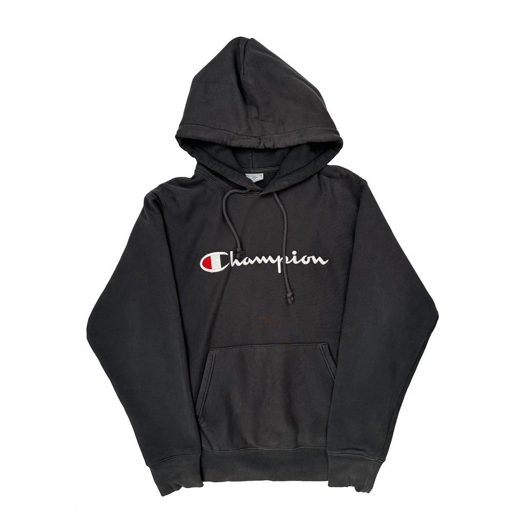 Reverse Weave Champion Spellout Hoodie - Medium Black Cotton Blend