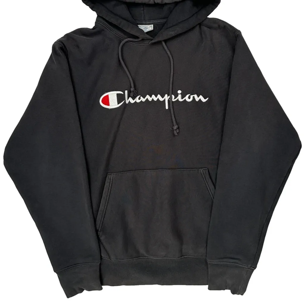 Reverse Weave Champion Spellout Hoodie - Medium Black Cotton Blend - Image 4