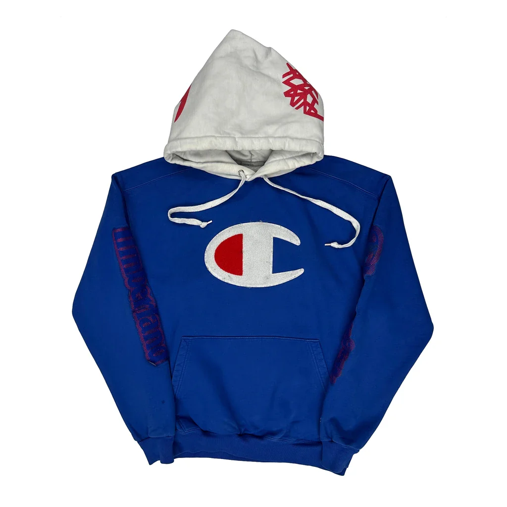 Reverse Weave Champion Graphic Hoodie - Large Blue Cotton Blend