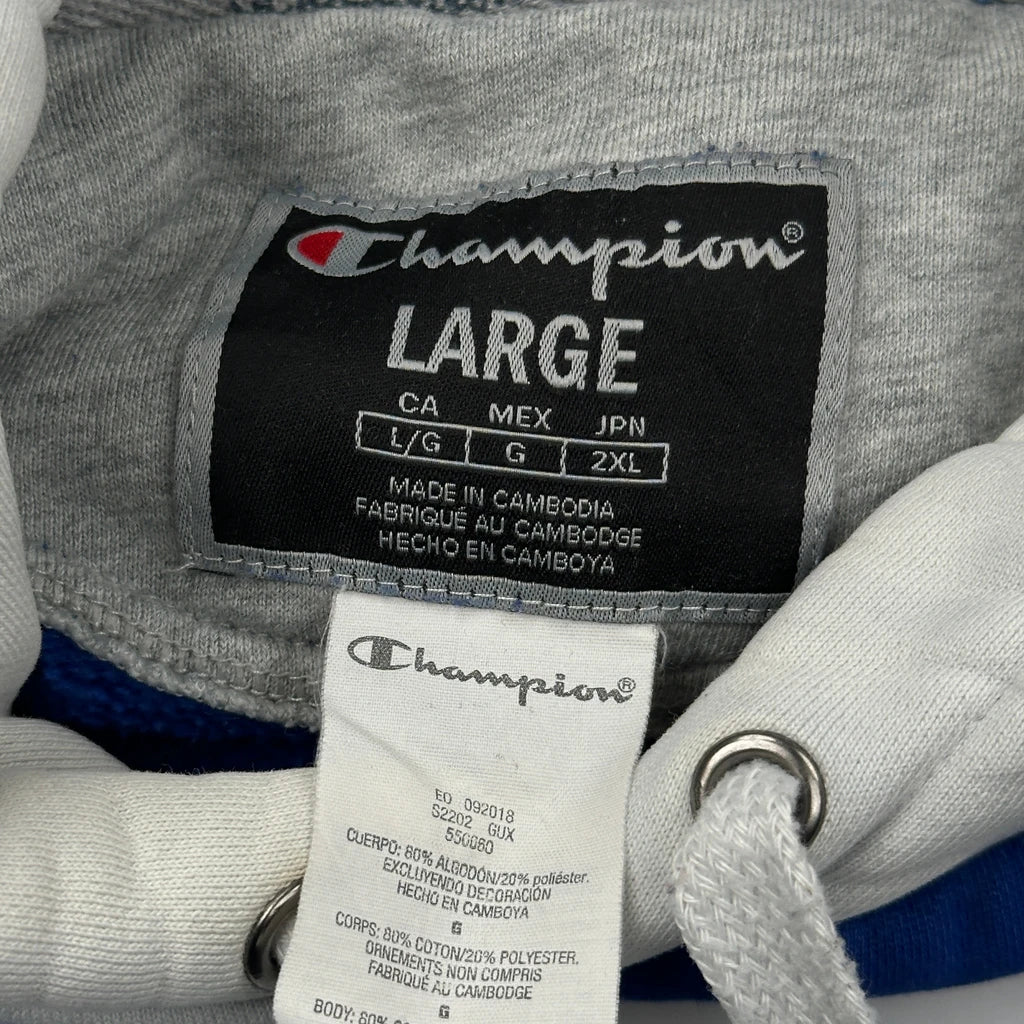 Reverse Weave Champion Graphic Hoodie - Large Blue Cotton Blend - Image 3