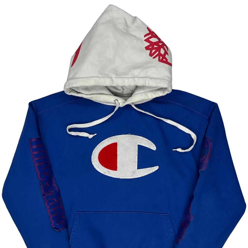 Reverse Weave Champion Graphic Hoodie - Large Blue Cotton Blend - Image 6