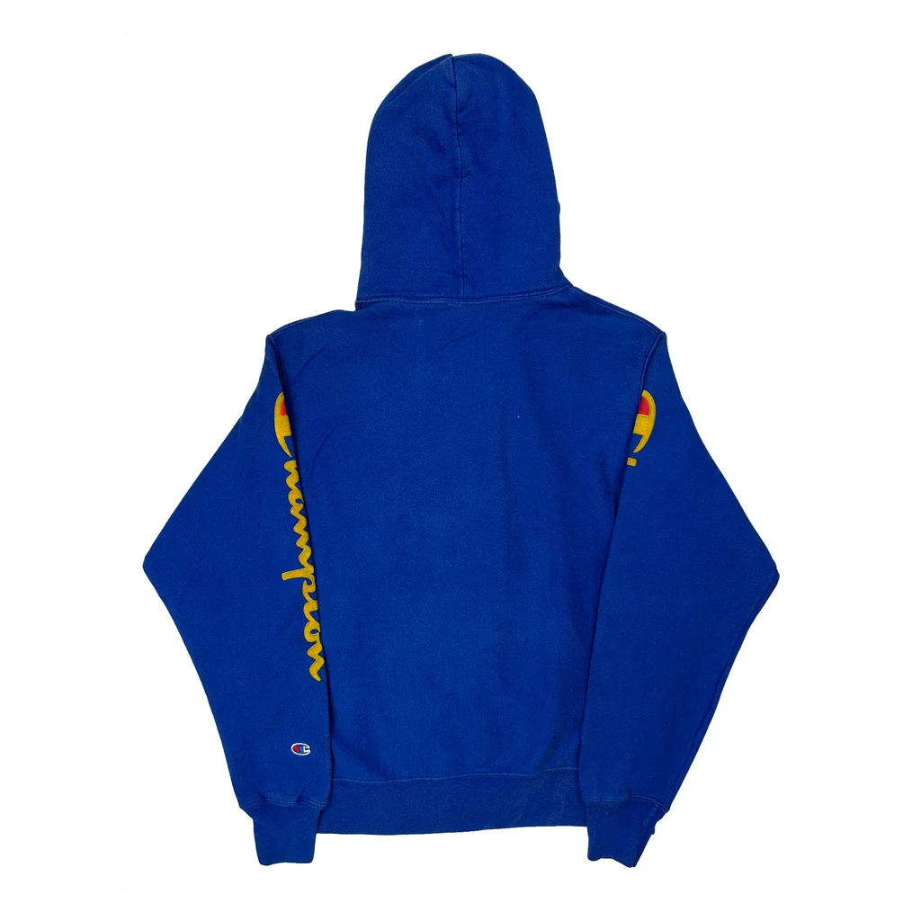 Reverse Weave Champion Spellout Hoodie - Medium Blue Cotton - Image 2
