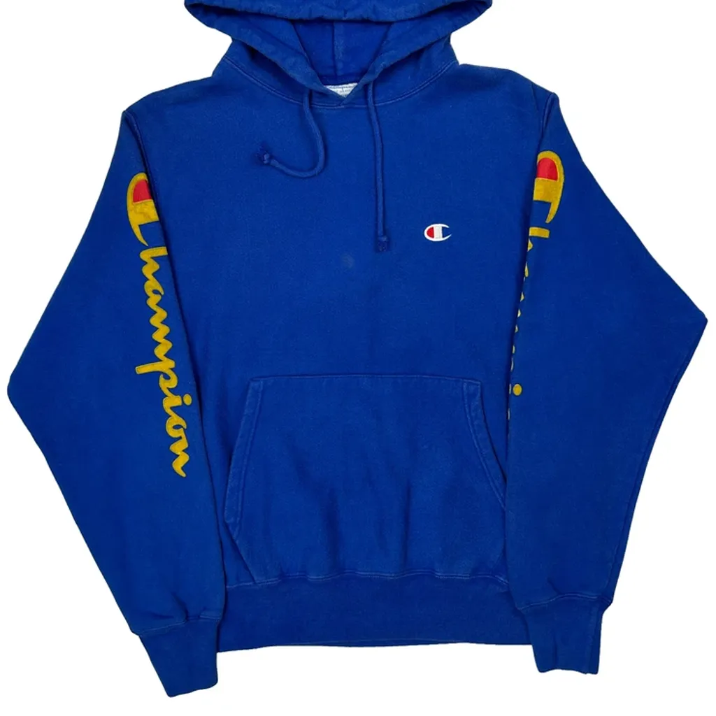 Reverse Weave Champion Spellout Hoodie - Medium Blue Cotton - Image 4