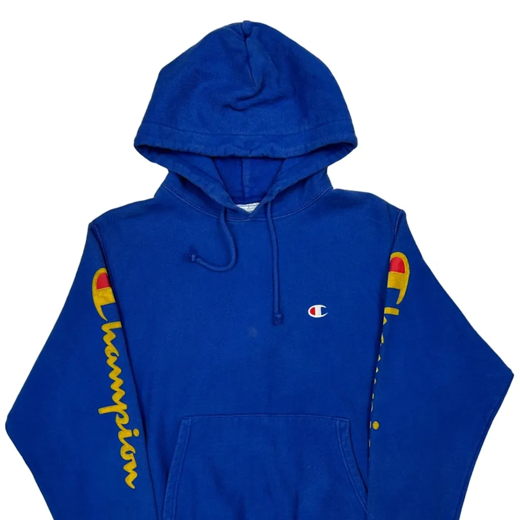 Reverse Weave Champion Spellout Hoodie - Medium Blue Cotton - Image 5