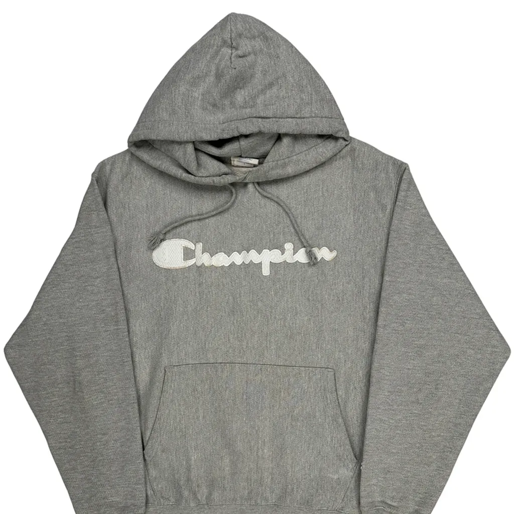 Reverse Weave Champion Spellout Hoodie - Large Grey Cotton - Image 4